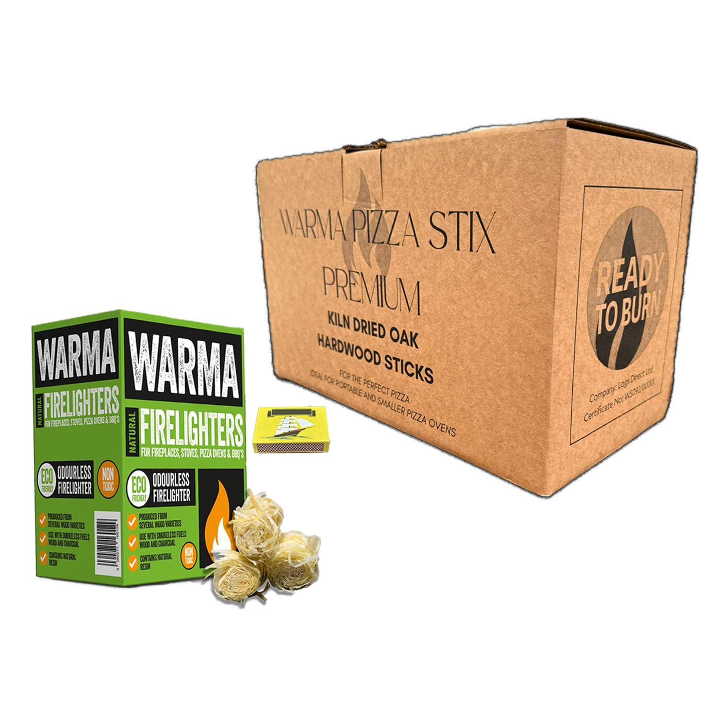 1 x 4.5kg Box Oak Warma Pizza Stix Bundle Mini Hardwood Kiln Dried Kindling Sticks w/Eco Wood Wool Firelighters & Matches - For Ooni Uuni Nero Dellonda Pizza Ovens Camping BBQ Wood Burner Stoves