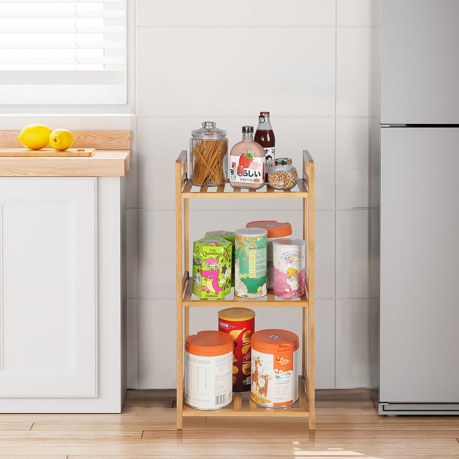 PACHIRA Standregal mit 3 Ablagen, 35 x 25 x 71 cm Bambusregal, Stehendes Lagerregal Aus Bambus, Als Küchenregal, Badregal, Bücherregal, Schuhregal, Holzregal Für Badezimmer, Küche, Wohnzimmer, Balkon