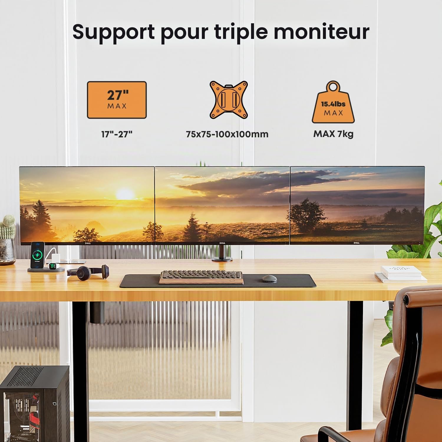 Support Ecran PC 3 pour 17-27 Pouces écran Plat & incurvé, vesa 75 x 75 100 x 100 Support Triple Ecran, 7 kg/Bras, Aupport 3 Ecran PC avec 2 Modes d'installation