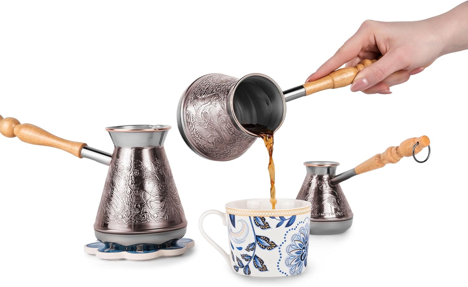 Copper Cezve (turka) Set of 3 with Gift Ceramic Trivet, Stovetop Coffee Maker, Cezve Ibrik Briki with Wooden Handle & Wooden Spoon, Hand Engraved