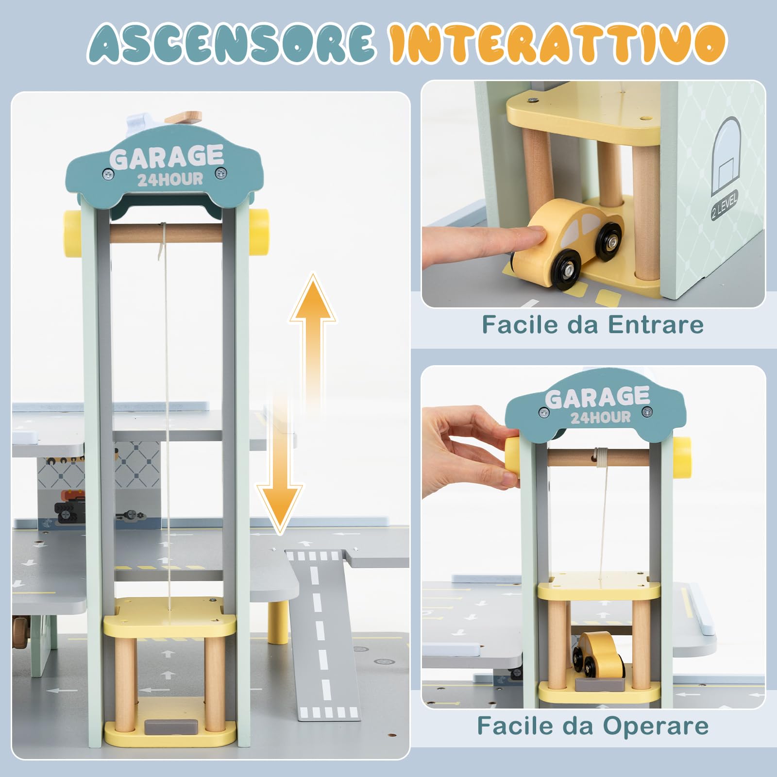 RELAX4LIF Garage per Bambini con 4 Macchinine e 1 Elicottero, Garage di Parcheggio a 3 Piani con Ascensore, Autolavaggio e Distributore di Benzina
