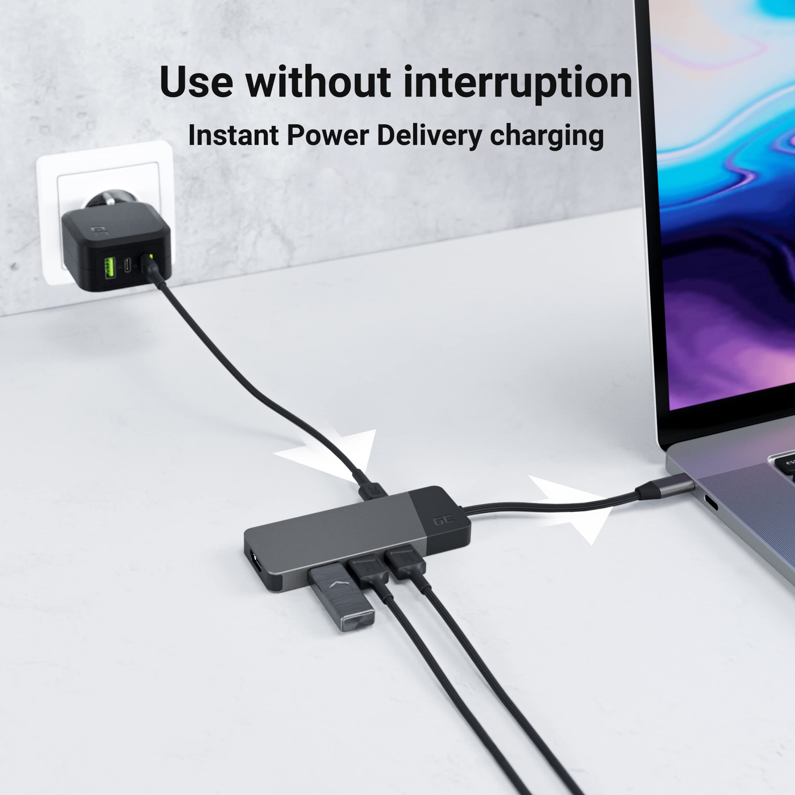 Adattatore, Stazione docking HUB USB-C PD 85W GC Connect 7in1 (3x USB-A 3.1 HDMI 4K 60Hz SD microSD) per Apple MacBook M1/M2, Lenovo ThinkPad X1, Asus ZenBook, Dell XPS, Supporto Samsung DeX