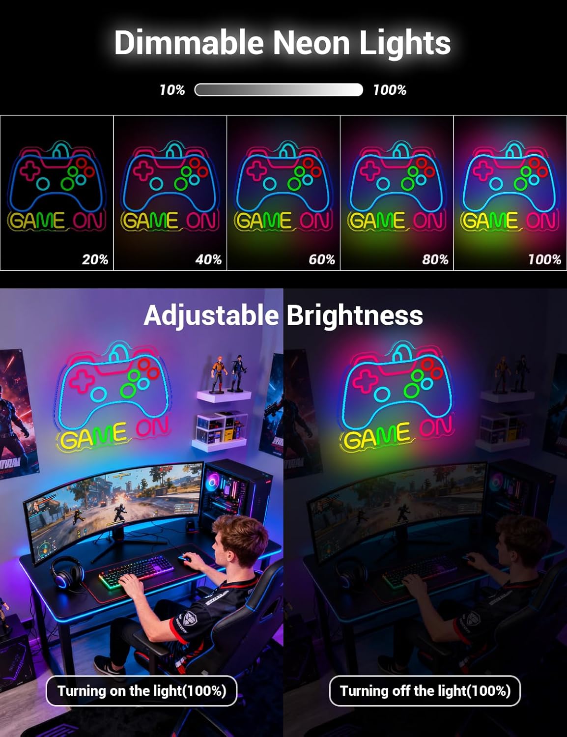 Game On Neon Sign for Boys Room Decor, Gaming Room Decorations LED Neon Lights Sign for Wall Man Cave Decor, Gifts for Boys, Boyfriend, Gamer (Game On)