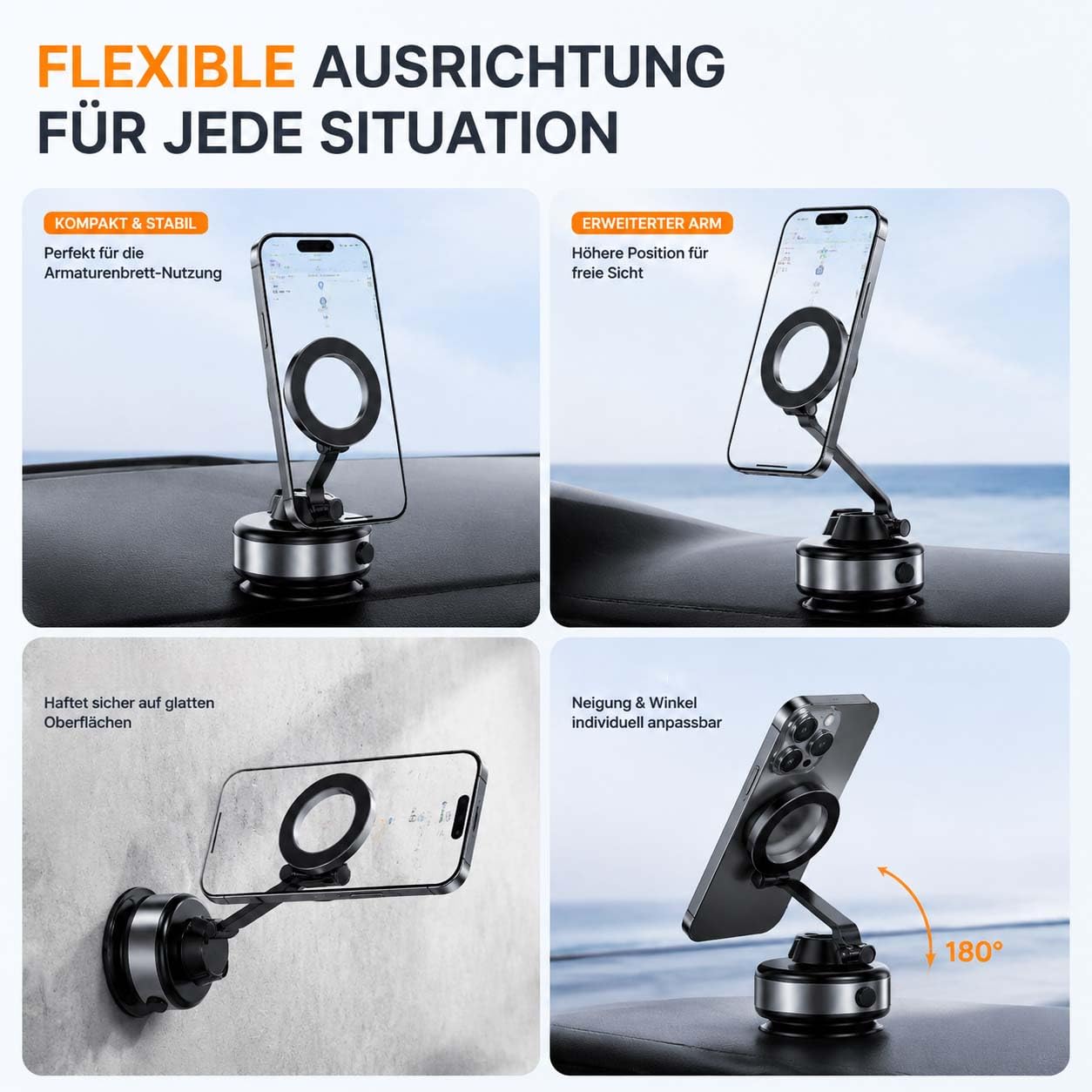 Snapmount Handy Halterung, 2026 Neu Snap Mount Handyhalterung Elektrisch, Selbstansaugende Auto Handyhalterung, 360° Drehbar Und Platzsparend Faltbar, Universell, Anti - Rutsch (Silber+Schwarz)