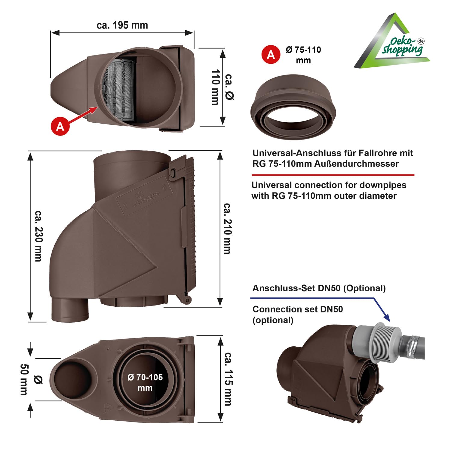 Filtro de Tubo de Bajada, Filtro de bajante colector de Lluvia T50 marrón/Gris: el Filtro de Agua de Lluvia para barriles de Lluvia con una eficiencia de hasta el 95% con Accesorios