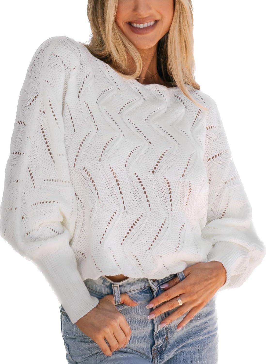 CUPSHE Women Pullover Sweaters Cutout Boat Neck Knit Drop Sleeve Ribbed
