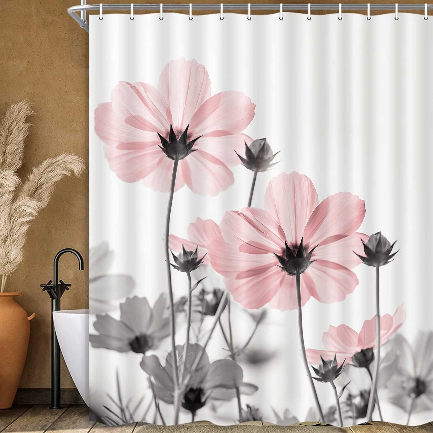 MERCHR Unique Floral Pink Shower Curtain for Bathroom Decor, Pink and Grey Daisy Flower Elegant Wildflower Design Farmhouse Shower Curtains with Hooks Set, 71 X 78 Inches