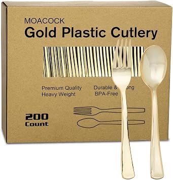 MOACOCK 200 Count Heavy Duty Light Gold Plastic Silverware
