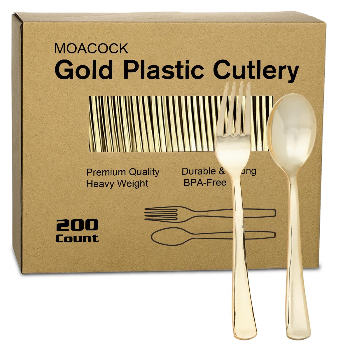 MOACOCK 200 Count Heavy Duty Light Gold Plastic Silverware