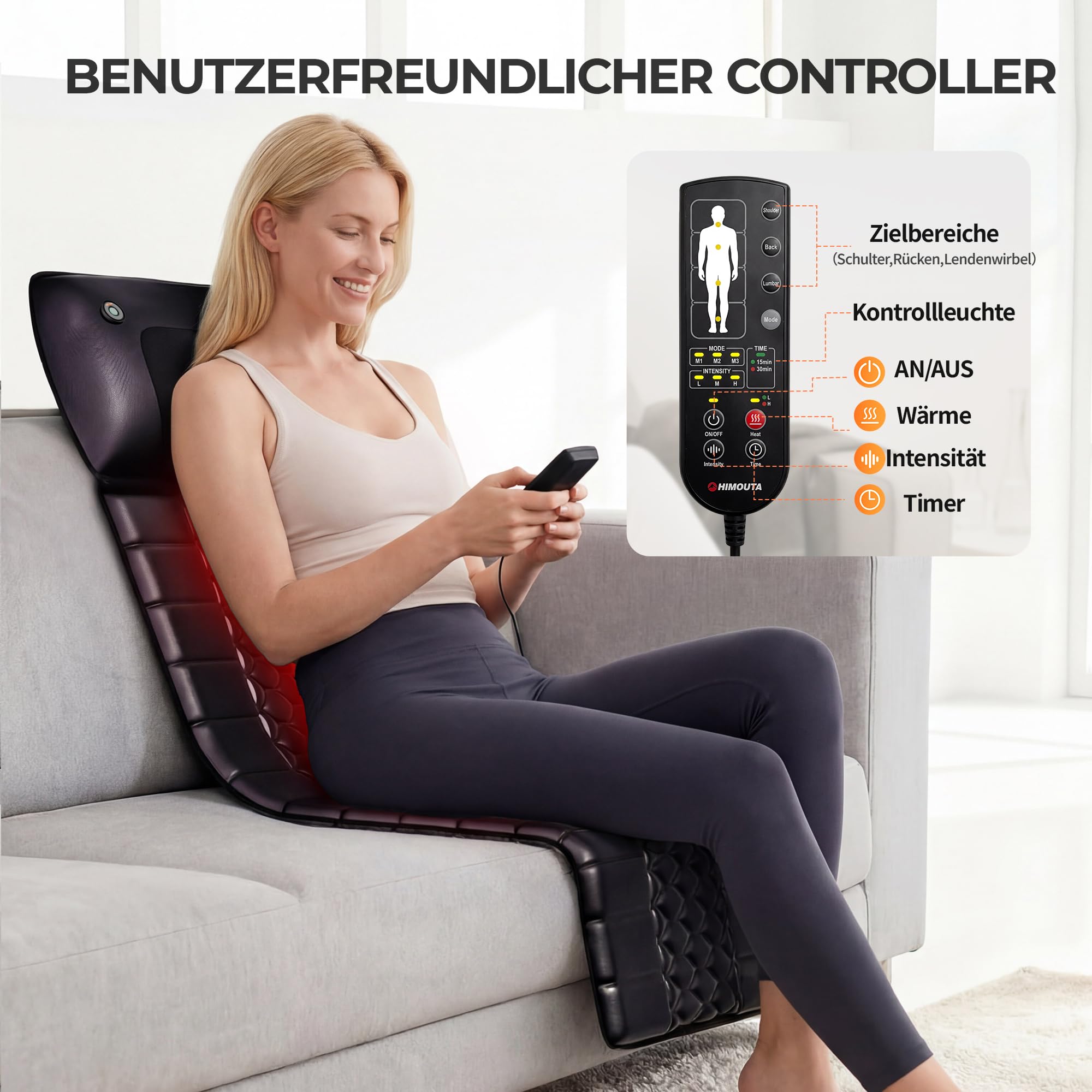 Massagematte mit Shiatsu-Nackenmassage & Wärme, Ganzkörper Massagematte mit 10 Vibrationsmotoren für Rücken, Taille und Beine, Elektrische Massageauflage für Zuhause & Büro, Schwarz