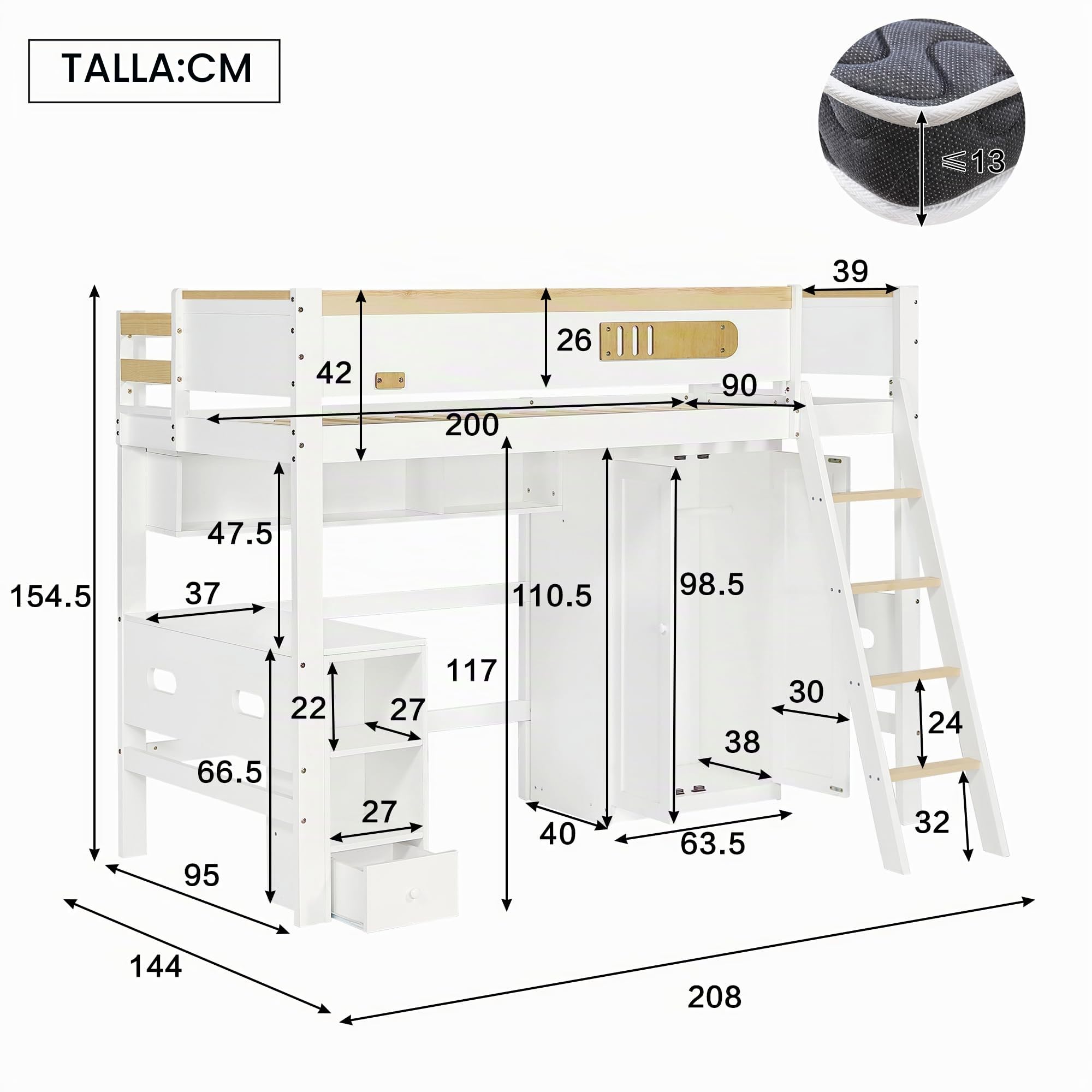 Cama Alta para Niños 90 x 200 cm, Litera con Rejilla de Protección, Mesa, Armario y Estantería Abierta - Amplio Espacio de Almacenamiento