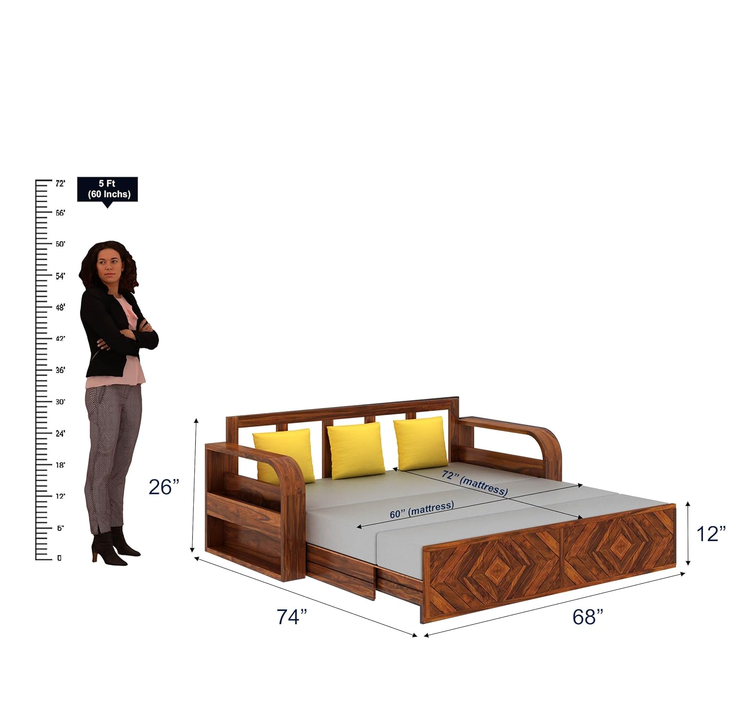 Ganpati Arts Solid Sheesham Wood Wave 3 Seater Sofa Cum Bed with Footboard and Side Pockets for Storage Wooden Sofa Furniture for Living Room Home (Natural Finish) Ganpati Arts Solid Sheesham Wood Wave 3 Seater Sofa Cum Bed with Footboard and Side Pockets for Storage Wooden Sofa Furniture for Living Room Home (Natural Finish)