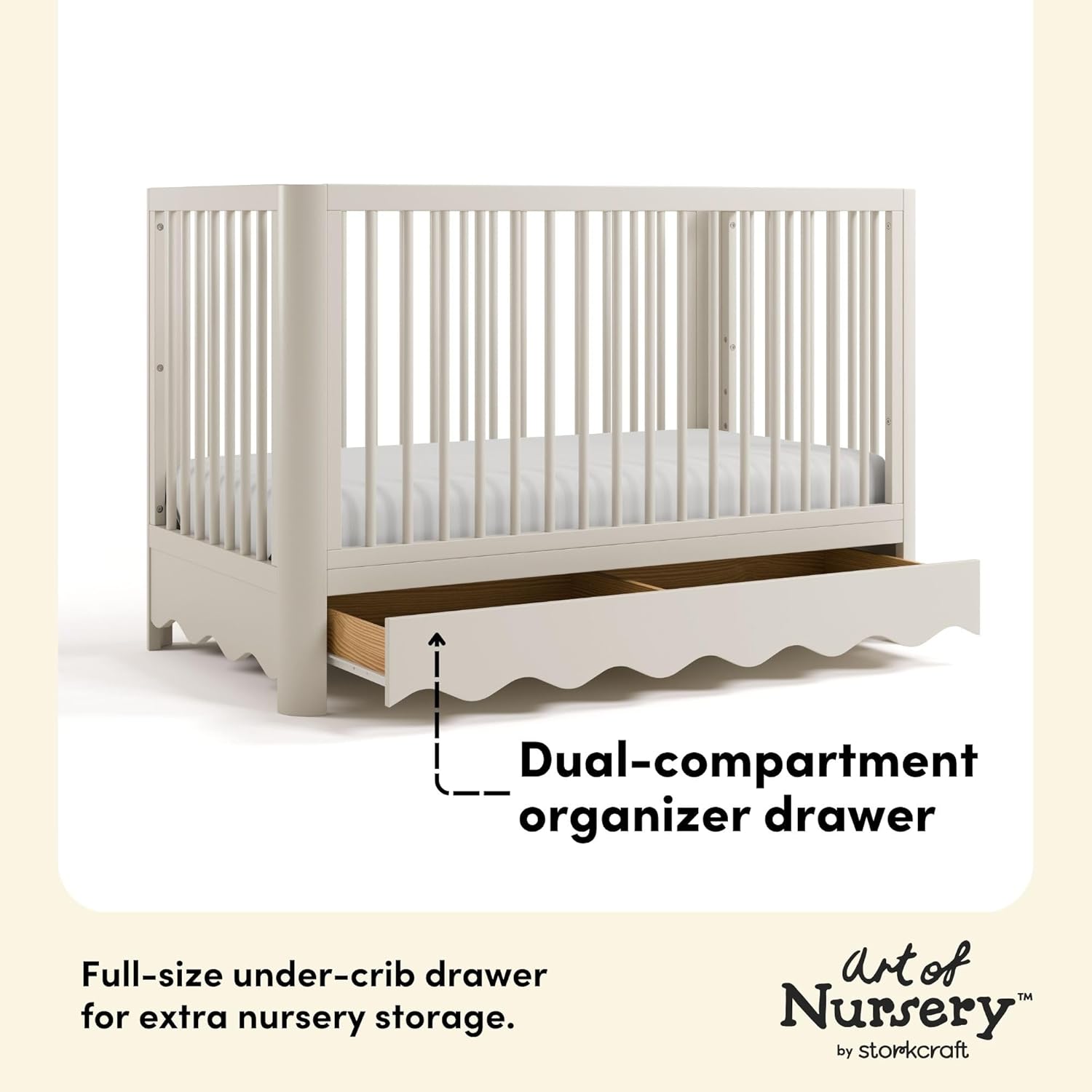 Storkcraft Casablanca Convertible Crib with Drawer and Toddler Guardrail (Frosted Oat) – GREENGUARD Gold Certified, Toddler Bed Conversion Kit Included, Fits Standard Crib Mattress, Crib with Storage