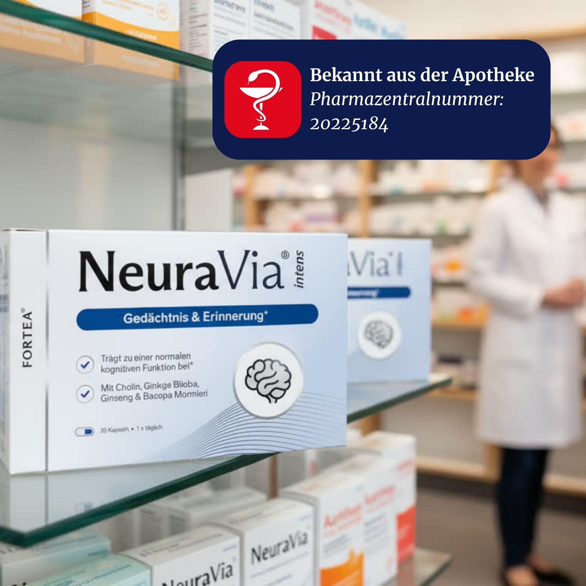 FORTEA® - Gedächtnis & Erinnerung Kapseln in Apothekenqualität - NeuraVia - Für Gehirn- und Gedächtnisfunktion entwickelt - Komplex mit Vitamin B6, B12, Zink und Ginseng Extrakt - 30 Stück