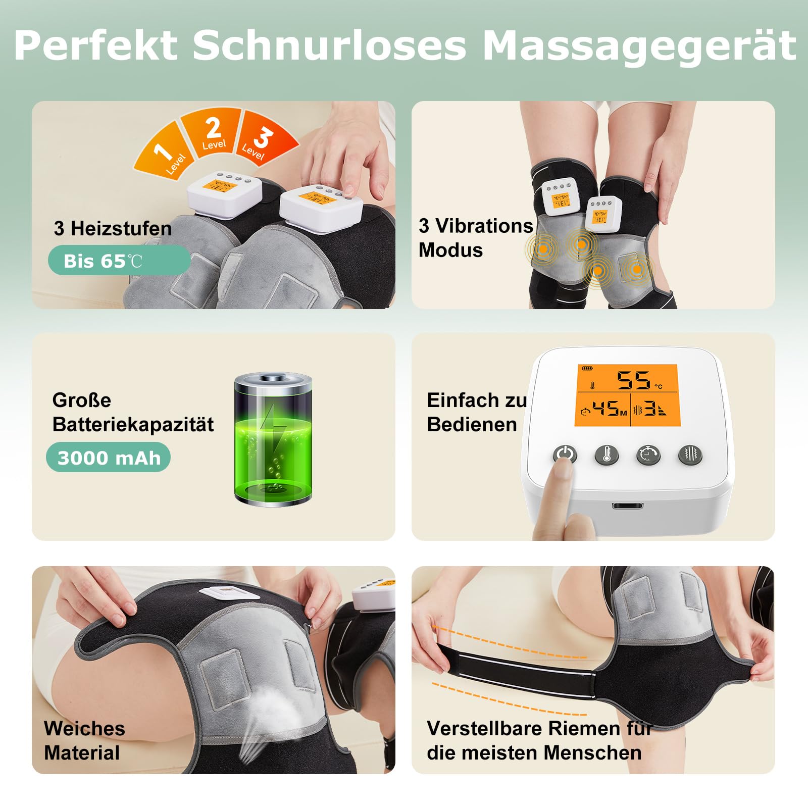 JOBYNA Kabellose Heizkissen für Knie, 2Pcs Knie Massagegerät Kniewärmer mit Vibration für Arthritis, Schmerzlinderung, Abschaltautomatik, 45-65℃ Einstellbar