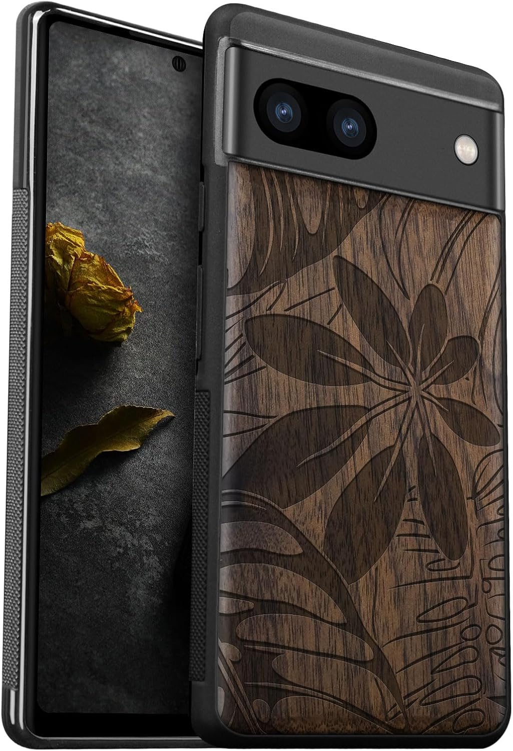 Carveit Wood Case for Pixel 8a Case [Natural Wood & Black Soft TPU] Shockproof Protective Unique Wooden Cover Compatible with Google Pixel 8a (Fluid Abstract Waves-Walnut)