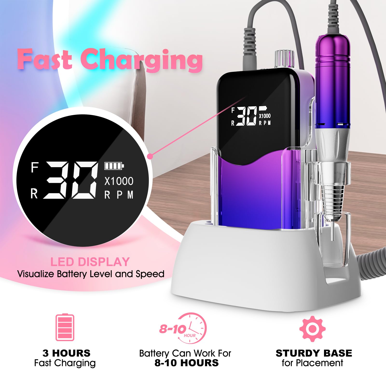 CIVPOWER Fresa per unghie professionale: lima elettrica per unghie da 35.000 giri/min, portatile, ricaricabile, con display a LED, kit di strumenti per manicure, pedicure, saloni fai da te, fai da te,