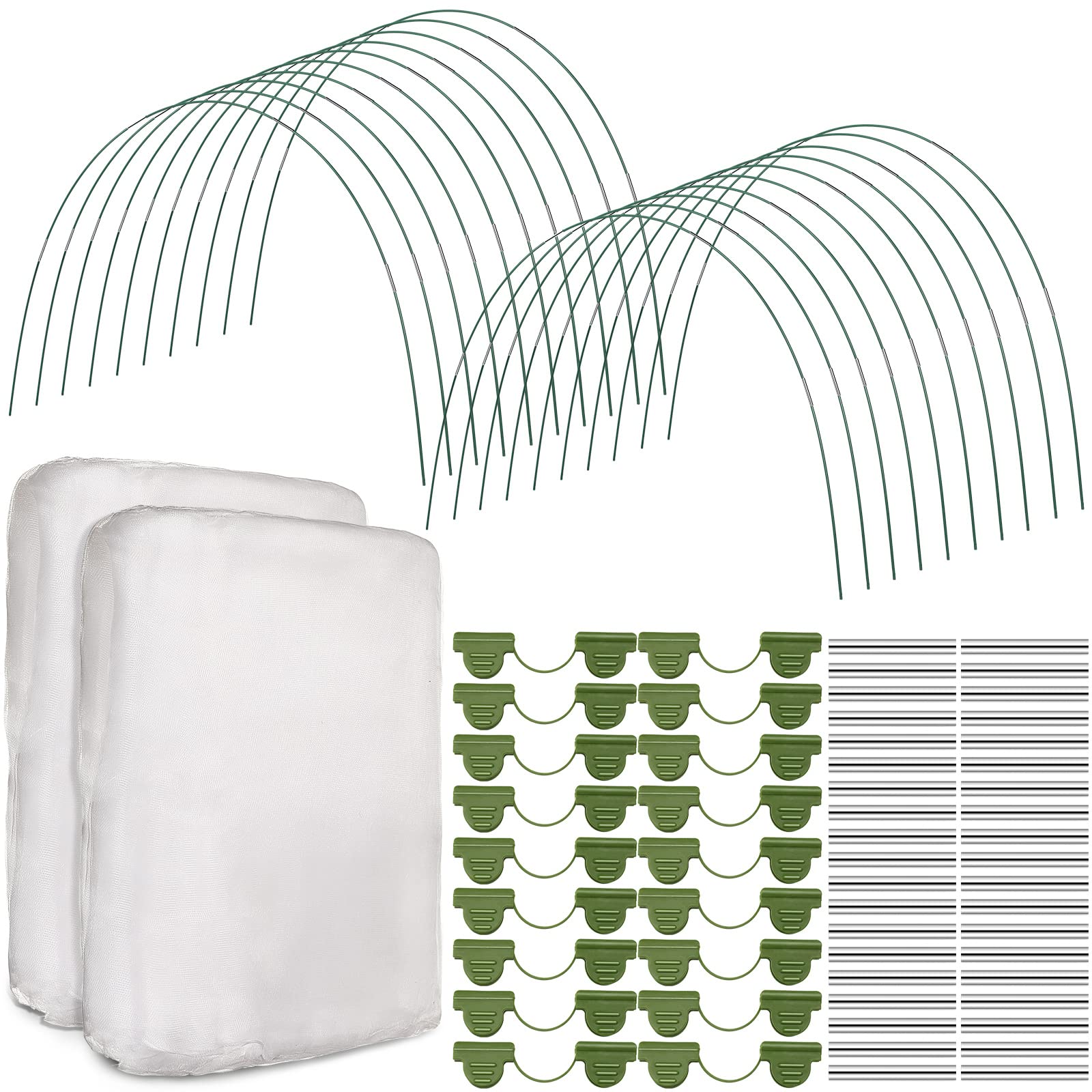 Woanger Gartennetz-Set, Pflanzenabdeckung mit 100 Gartenreifen, 72 Clips, 80 Verbindungsstücken, ultrafeines Netz, Schutz für Pflanzen, Gemüse, Obst, Blumen, Gewächshaus (3 x 10 m), 2 Stück
