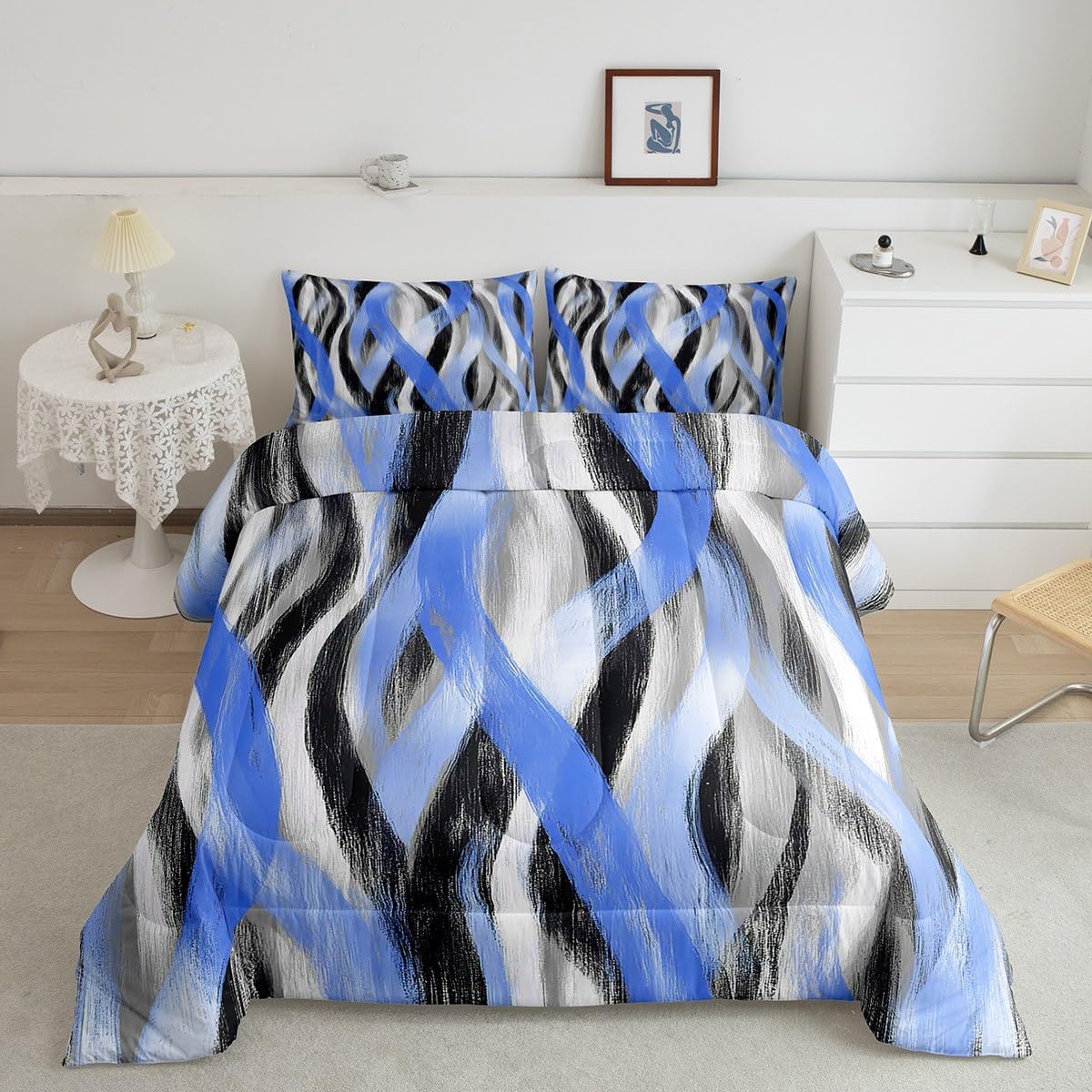 Erosebridal Geometric Stripes Comforter Toddler Modern Abstract Comforter Set Grey Black Blue Bedding Set for Kids Boys Girls Teen Swirl Lines Quilt Duvet Room Decor 2 Pcs