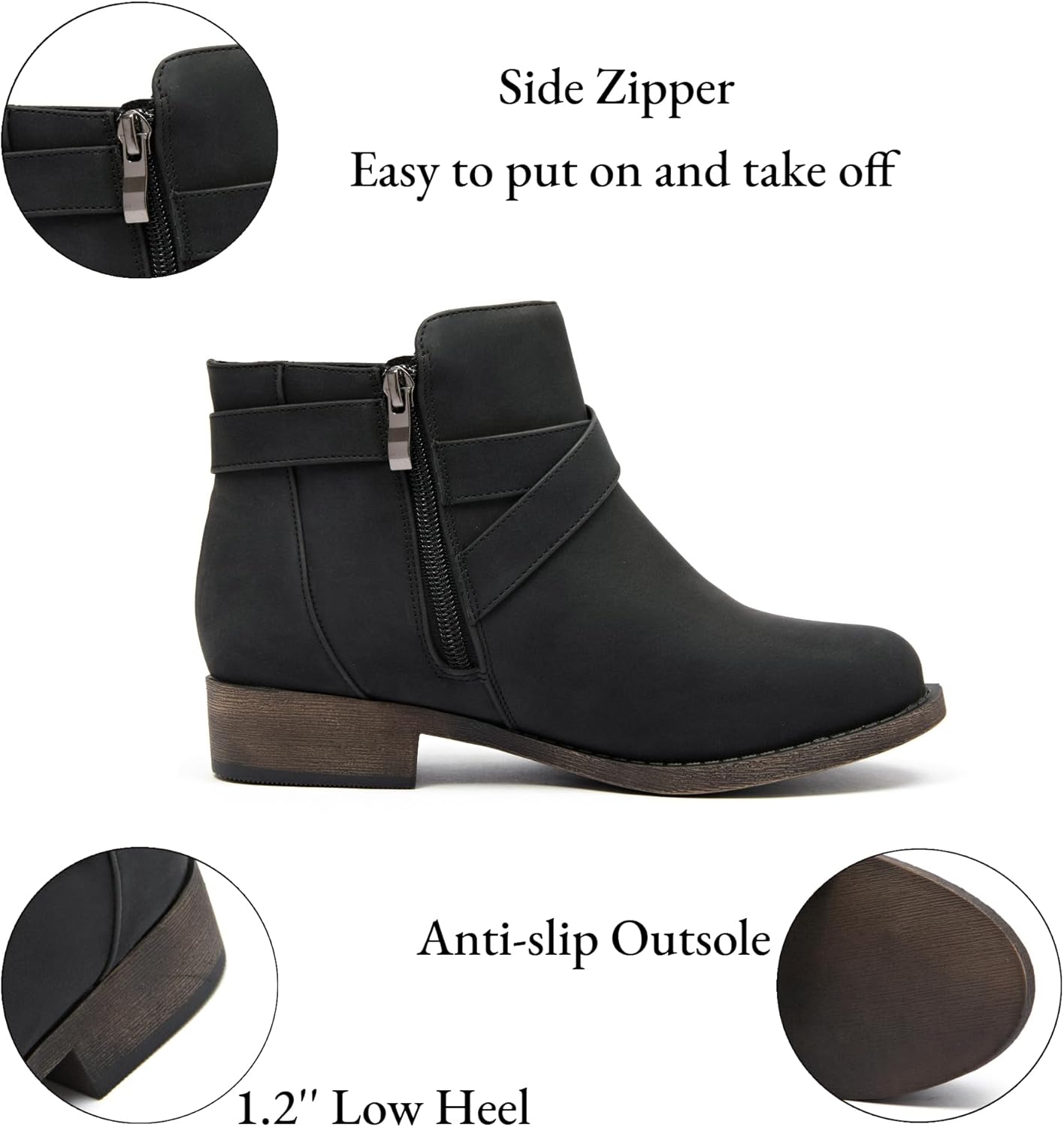 Ataiwee Women's Ankle Boots - Classic Side Zip, Cover with Buckle Strap, Round Toe, Comfortable Platform, Low Chunky Heel Comfort Slip On Fashion (Black/Dark Brown/Grey) Boots. - Image 5