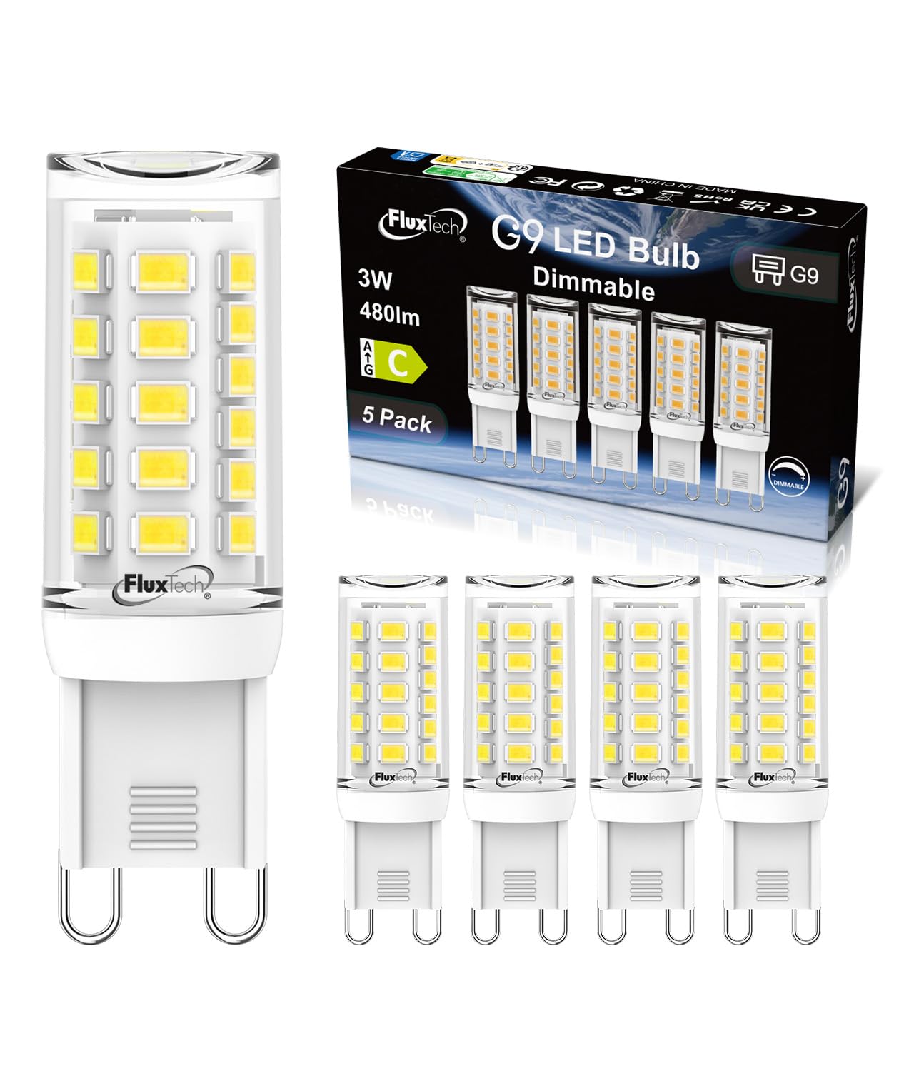 FluxTech G9 LED Light Bulbs Dimmable 3W, Cool White 6000K, Equivalent to 40W 50W Halogen Lamp, 480LM, CRI>85, No Flicker, AC 220-240V Energy Saving Bulb for Home Lighting Chandelier, 5 Pack