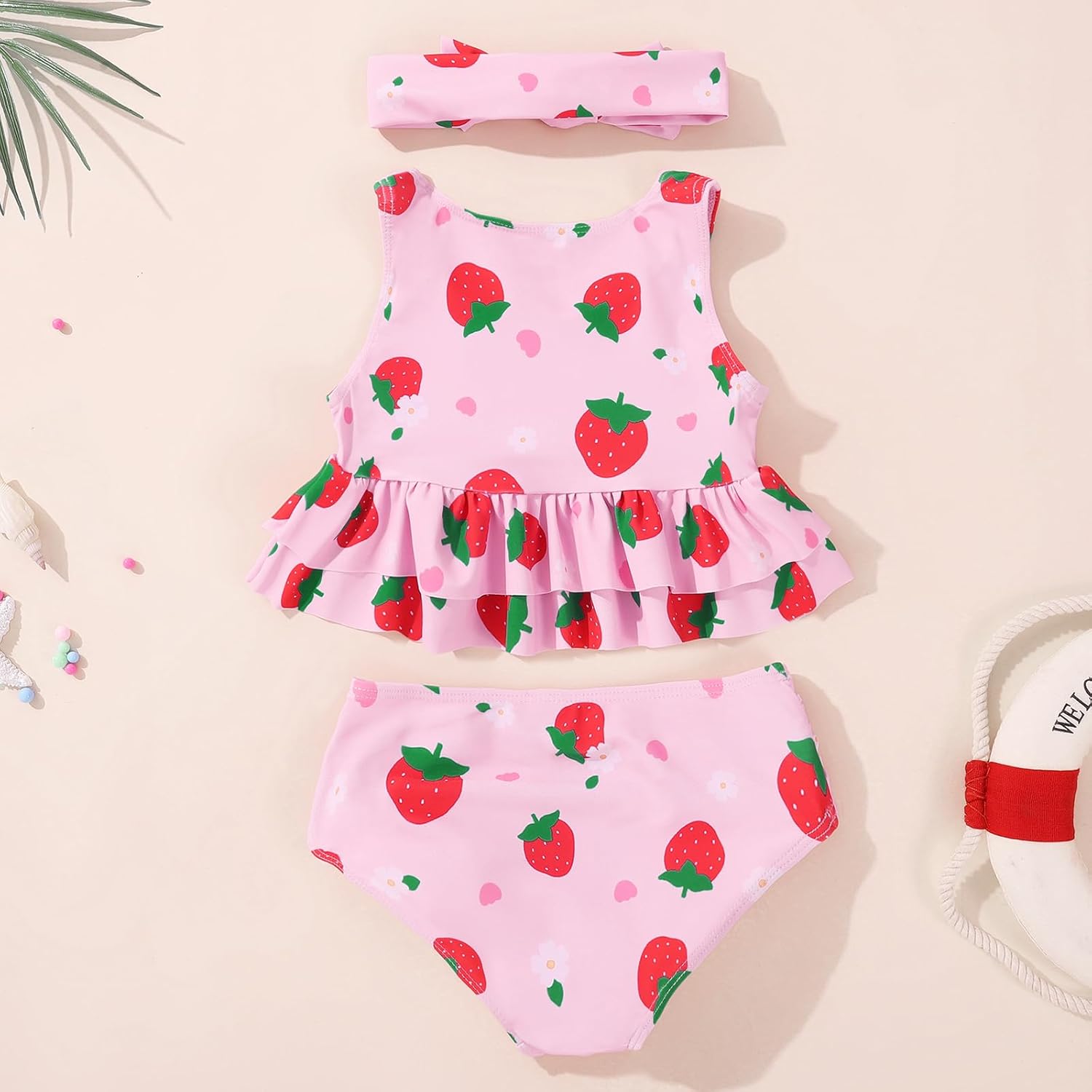 Baby Girl Swimsuit Infant Two Piece Suit with Headband Toddler Bathing Ruffles Bikini Tankini Beach Swimwear 18M-5T - Image 2