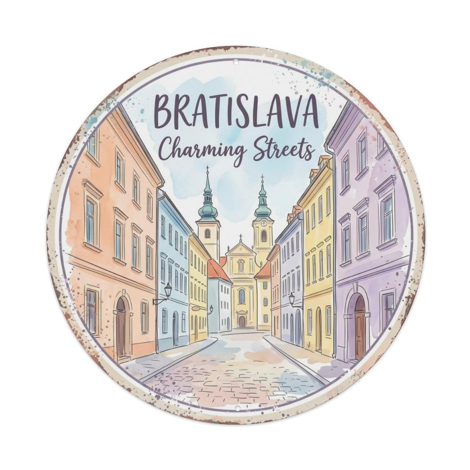Vintage Travel Bratislava Oldtown Slovakia Metal Tin Sign Plaque Wall Decor for Cafe, Club Bar, Office, Home Garden Round Metal Poster 8x8Inch