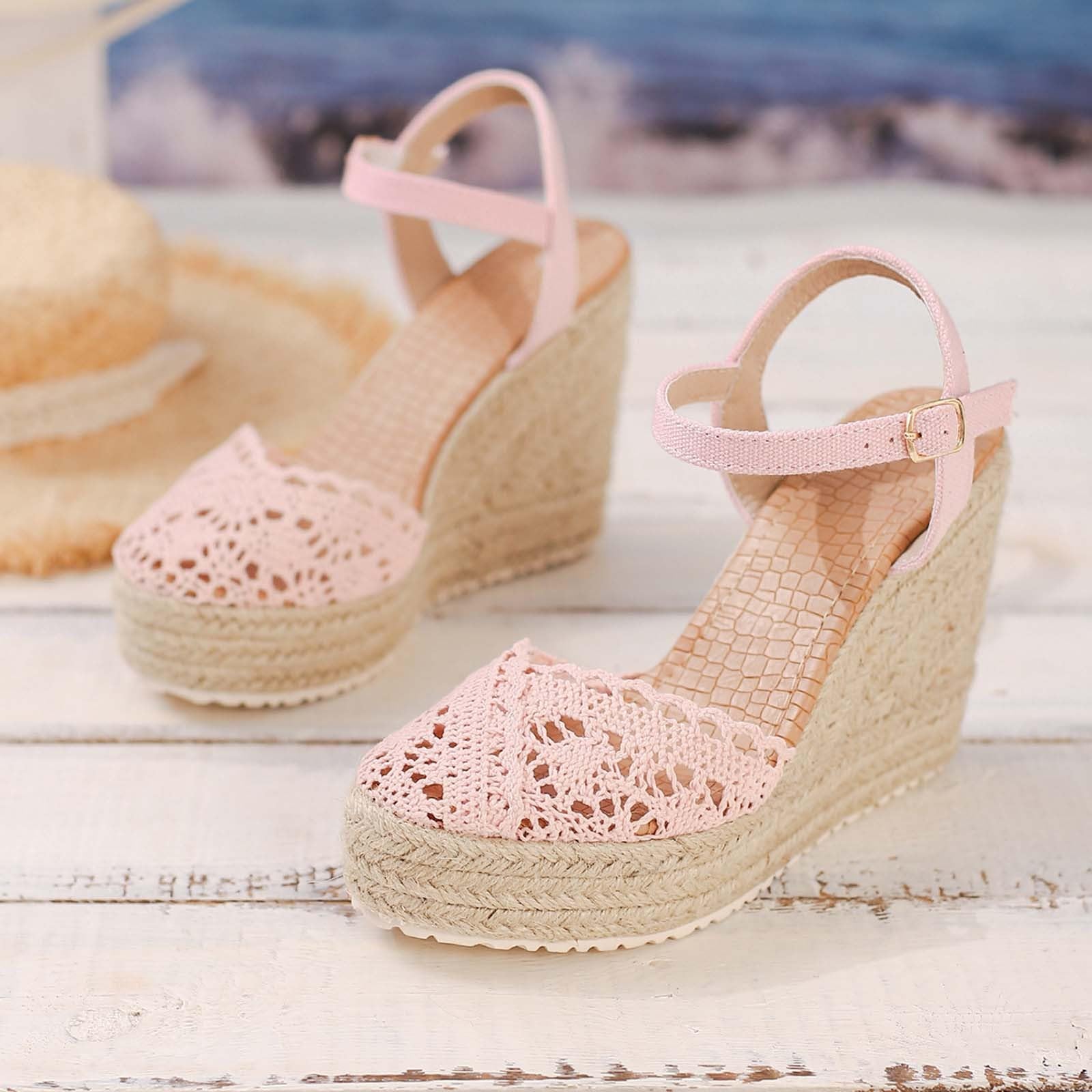 Scarpe estive da donna con plateau in pizzo con lacci e punta chiusa, suola leggera, look arioso, comode scarpe estive, eleganti scarpe casual per vacanze, spiaggia e tutti i giorni