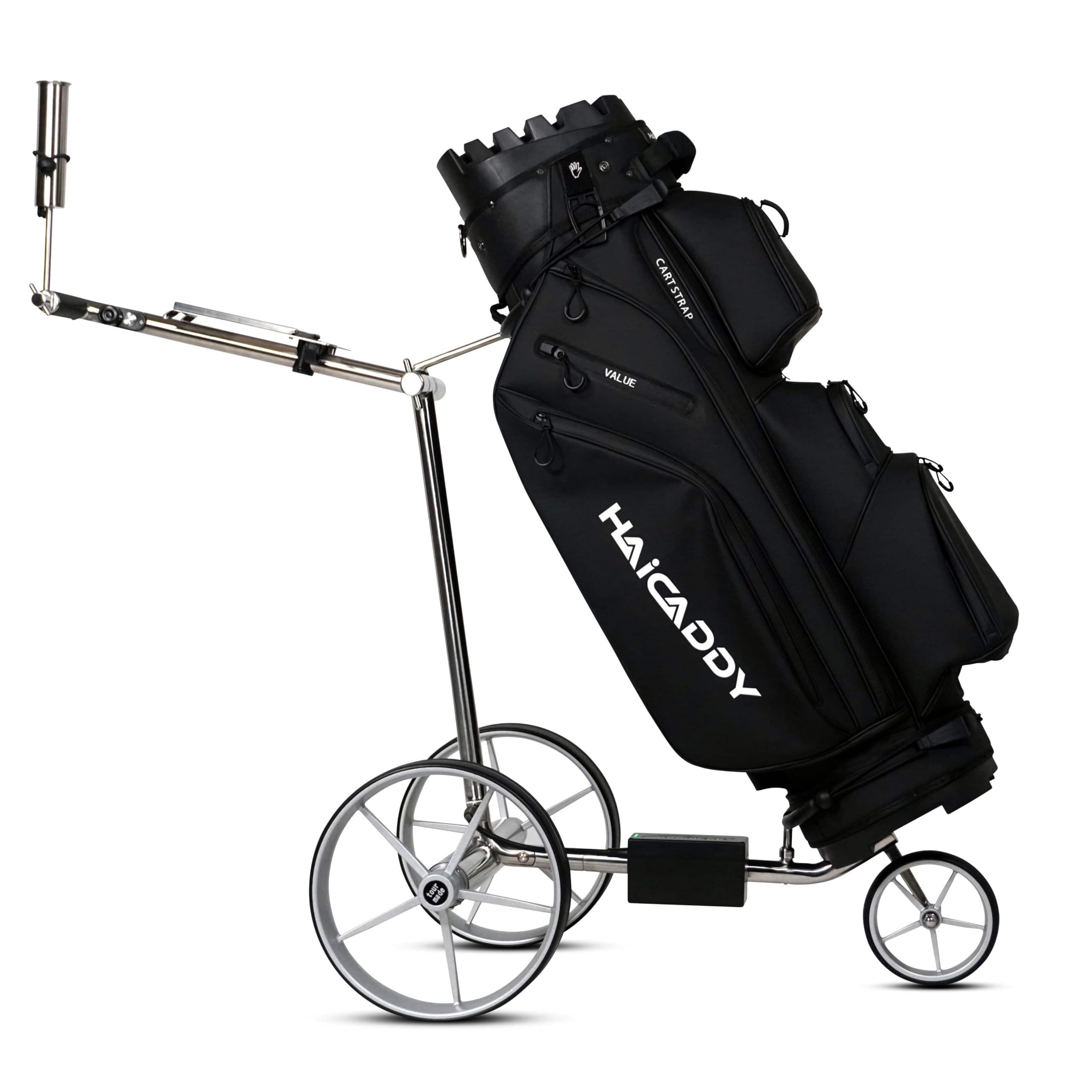 tour made Haicaddy HC5 Edelstahl I Golftrolley Elektrisch I kleinstes Packmaß I Lithiumakku 27-36 Loch I Bergabfahrbremse & viel Zubehör I Deutsche Markenqualität