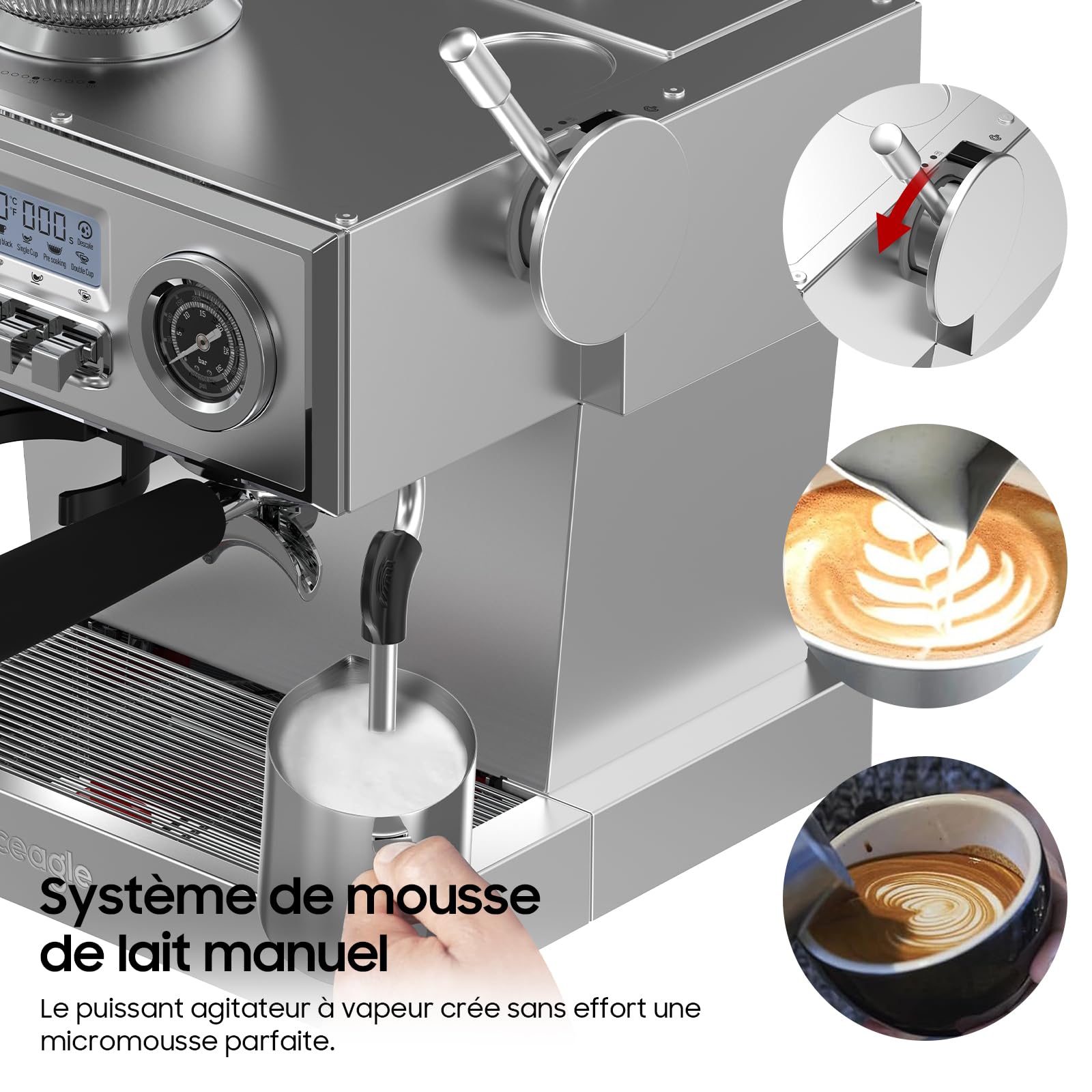iceagle Machine expresso avec Pompe Italienne de 20 bar, Cafetière a Grain avec Broyeur, Machine à Café avec Mousseur à Lait, Kit Barista, 3 Températures, 25 Niveaux de Mouture, 1,6 litre, Acier Inox