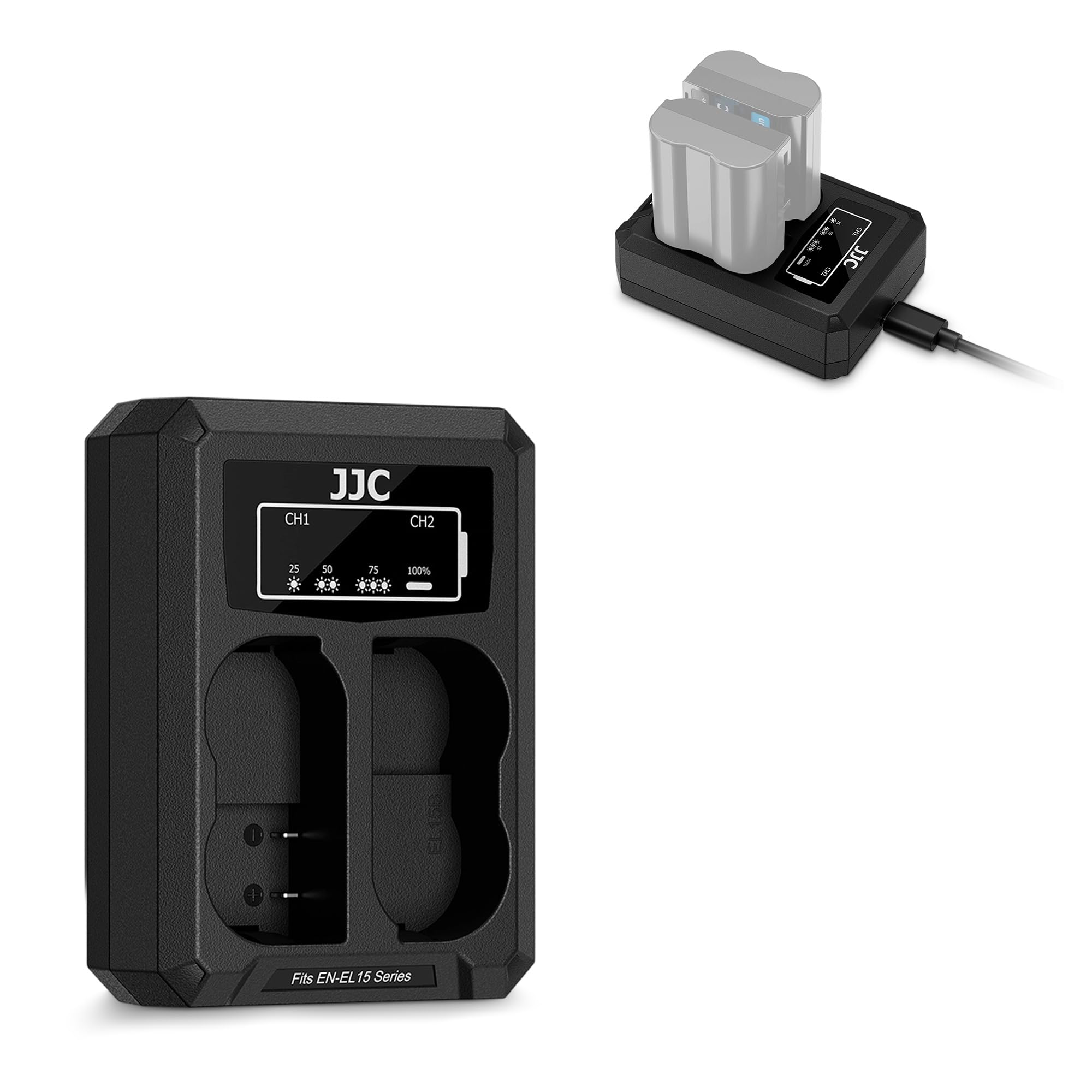 JJC Podwójna ładowarka USB-C kompatybilna z Nikon Zf Z7II Z7 Z6III Z6II Z6 Z5II Z5 D850 D780 D750 D610 D600 D500 D7500 D7200 D7100 D7000 Zastępuje aparaty Nik. EN-EL15/EL15 15a/EL