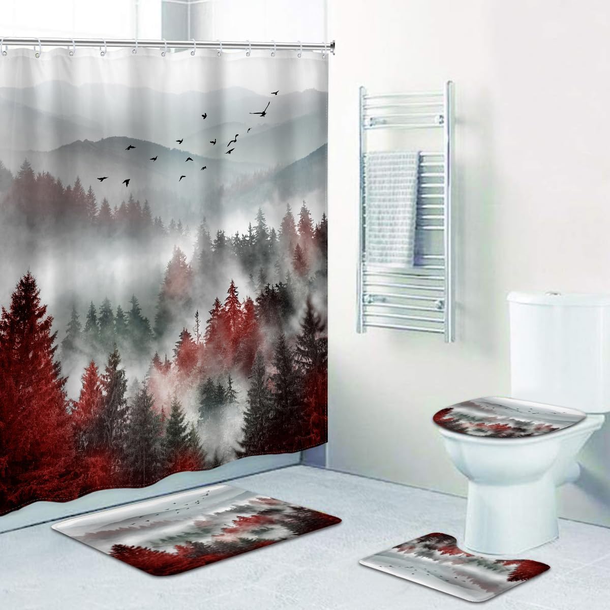 Riyidecor 4PCs Red Mountain Foggy Shower Curtain Bathroom Set with Non-Slip Rugs,Toilet Lid Cover and Bath Mat Nature Woodland Rustic Waterproof 12 Pack Hooks 72x72 inch Scenery Shower Curtain Decor