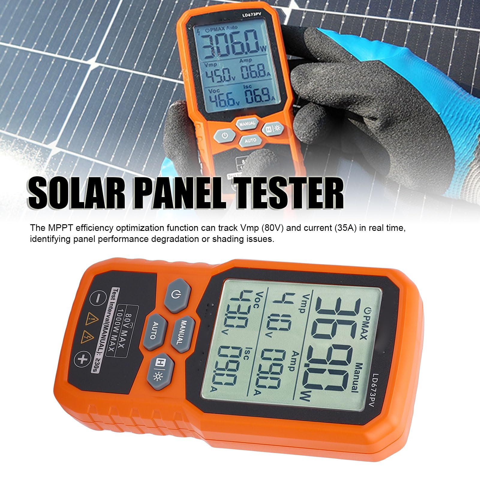 Tester per Pannelli Solari, Multimetro per Moduli Fotovoltaici MPPT da 1000 W 80 V 35 A con LCD Retroilluminato e Blocco Dati, per la Verifica delle Prestazioni del Pannello