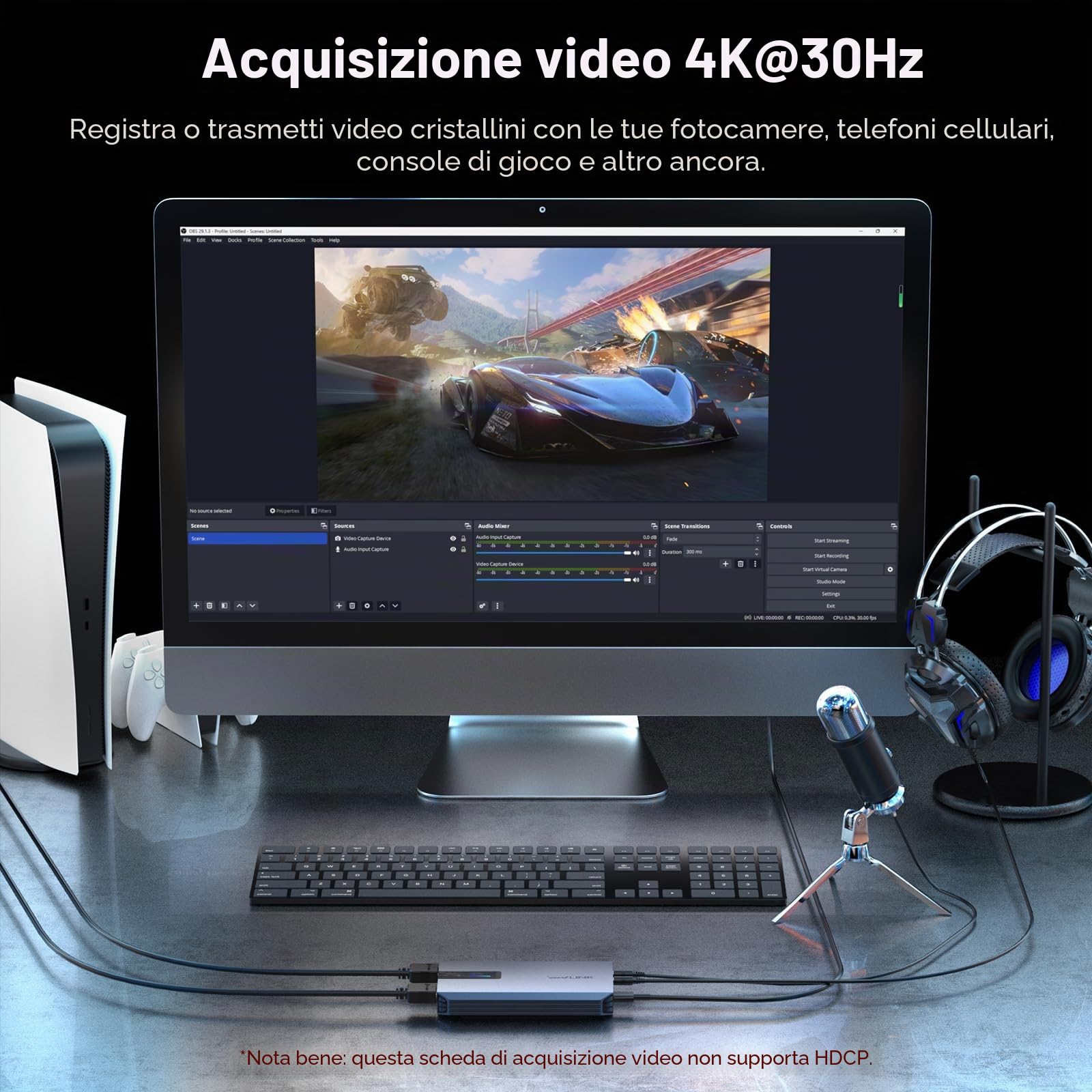 WAVLINK Scheda di registrazione video HDMI 4K, scheda di registrazione video HDMI per streaming live e giochi, latenza estremamente bassa, supporto VRR, plug-and-play, funziona con