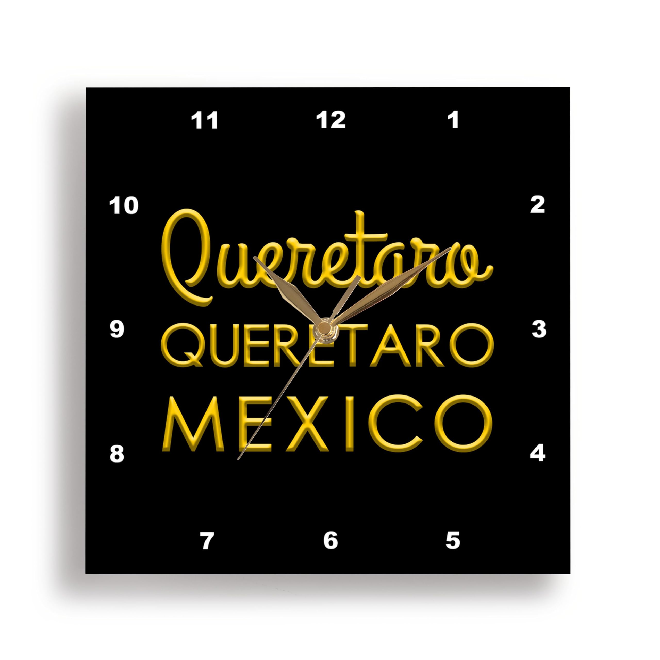 3dRose Wall Clock Silent - 10 inch - Queretaro, Queretaro, Mexico. Yellow Text on Black Amulet, Charm Gift - Alexis Design - Mexican Cities Gold on Black