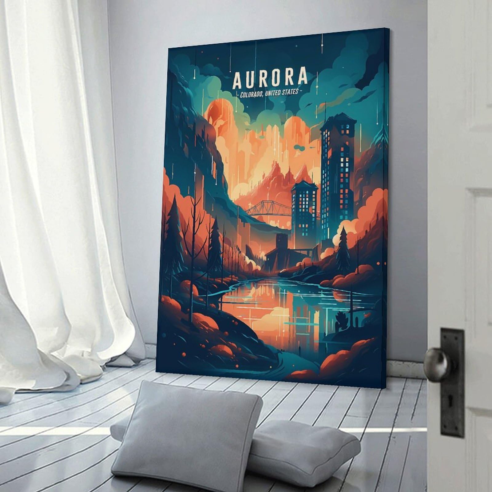 Junmoney Aurora Downtown Skyline Home Decor Wall Art 20x30inch(50x75cm), for Restful Interiors, Bedrooms Or Small Rooms, Decorative Wall Art for Cosy Rooms