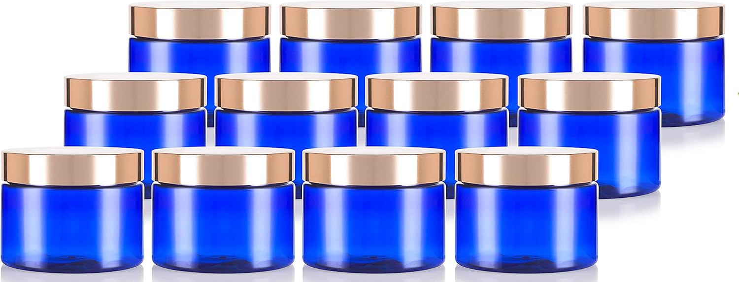 12 oz Cobalt Blue PET Plastic (BPA Free) Jar with Gold Metal Overshell Lid (12 Pack)