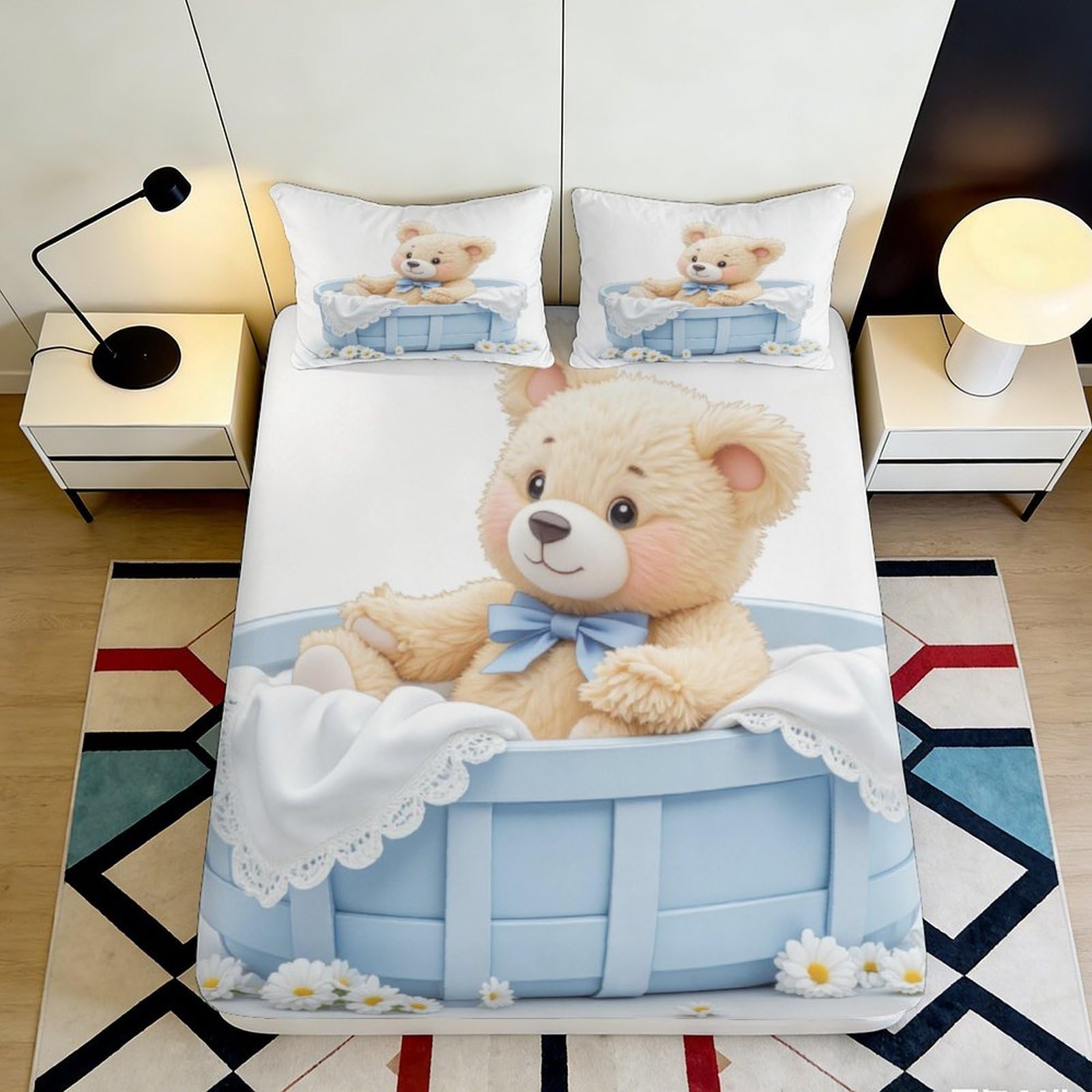 3D Printed Cute Teddy Bear Fitted Sheet Microfiber Non-Slip Deep Pocket Bedroom Bedding Teddy Bear Mattress Fitted Cover Full Fit for All Ages 120x200x25cm