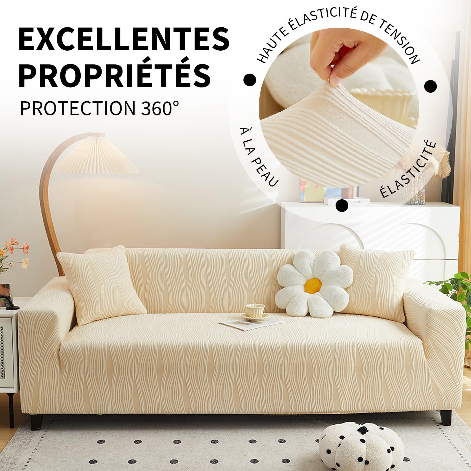 Housse Canape Extensible, Tissu Velours Jacquard Épaissi Housse de Canapé, Antidérapante, Protection Canapé pour Chien Animaux Domestiques, Lavable en Machine (3 siège, Beige)