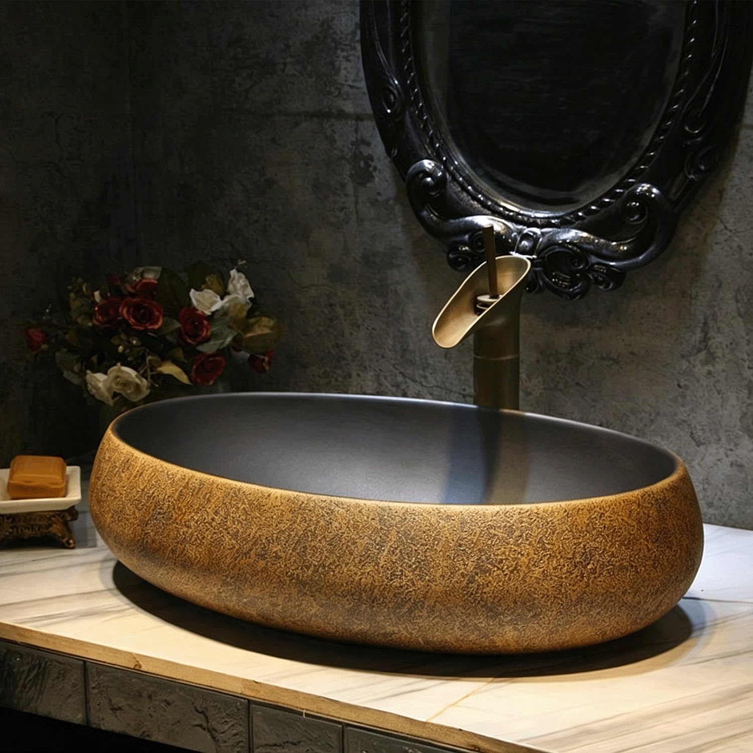 QjxSXLFSX ceramic countertop basin, Oval Bathroom Vessel Sink,Handmade, high-temperature fired, clean and easy to clean, for Bathrooms and Homes,C,47×33×15cm