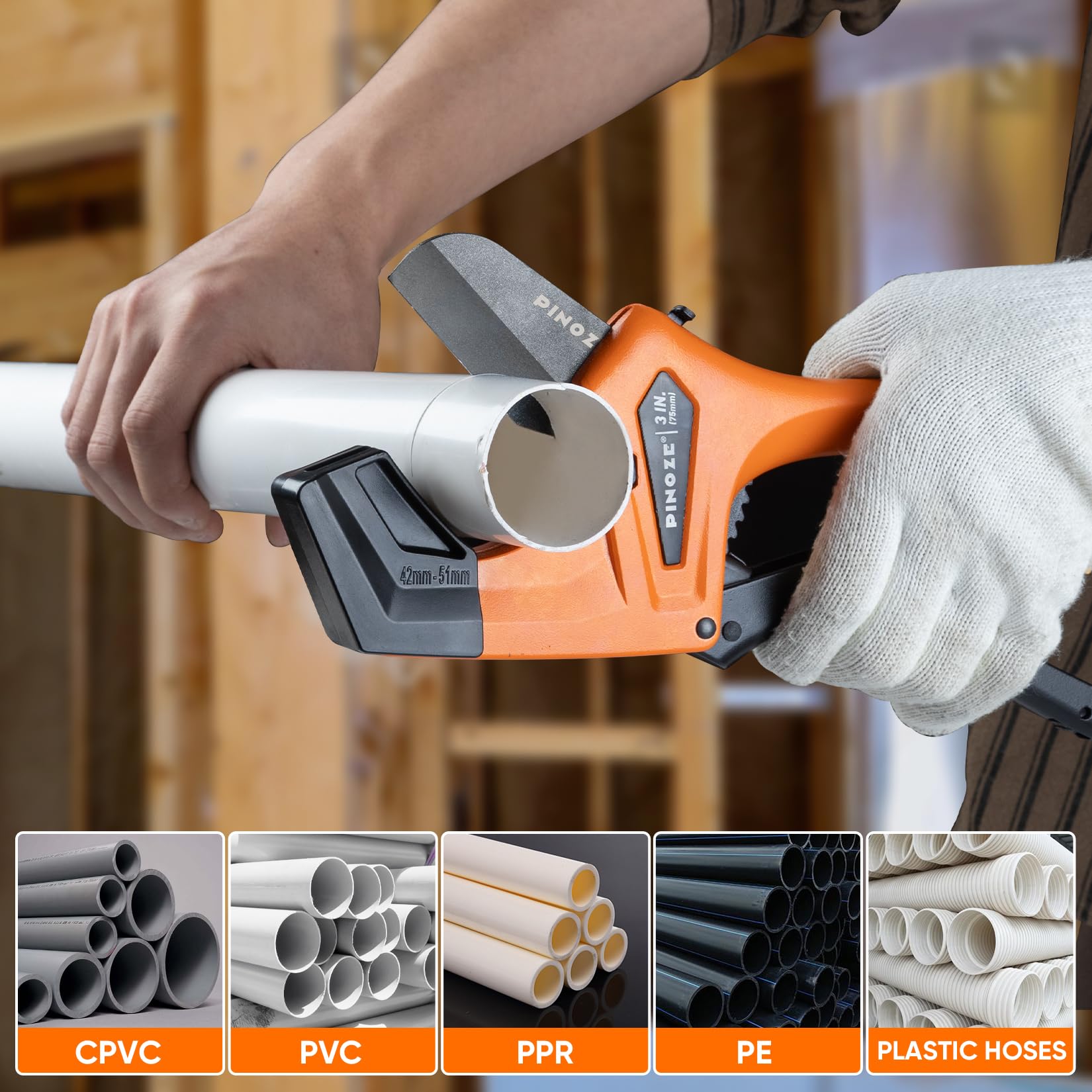 PINOZE Cortador de tubos de PVC que corta hasta 76 mm (3"), herramienta de corte de tubos de trinquete resistente con estabilizador para PVC, PPR, PE, PEX, mangueras de plástico y tuberías de