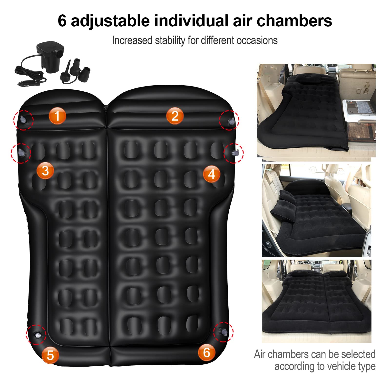Vinteky Materasso ad aria, gonfiabile, per auto, con pompa ad aria elettrica e 2 cuscini, automatico, universale, per bagagliaio e SUV, campeggio, viaggi, esterni, 175 cm x 130 cm, colore nero