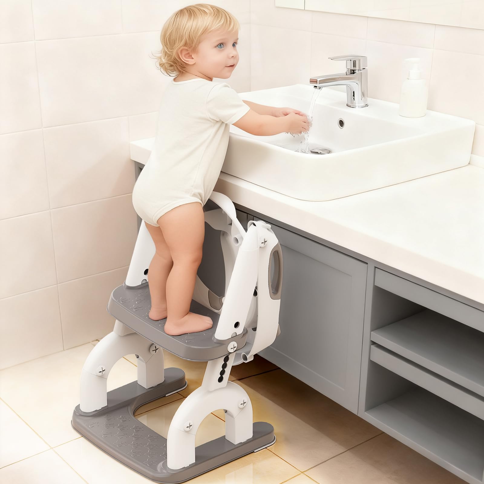 Sedile WC per bambini con scale, regolabile in altezza in 8 posizioni e pedana extra larga, antiscivolo, con vestibilità morbida e paraspruzzi – Sedile WC pieghevole per bambini, motivo rana