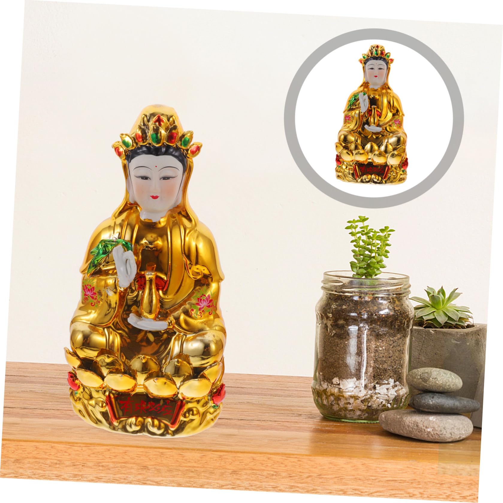 Didiseaon Estatua de Guanyin de Cerámica Dorada para Mesa, Estilo Chino
