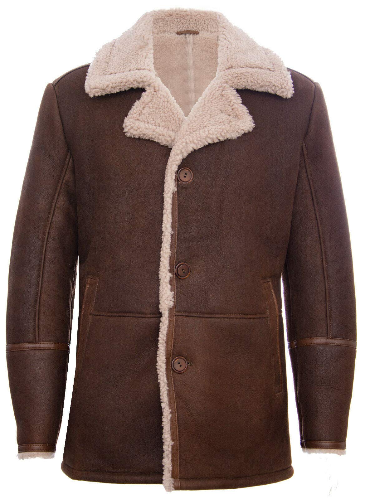 Mens Brown German Classic Real Sheepskin Shearling Leather Cromby Jacket Coat 5XL