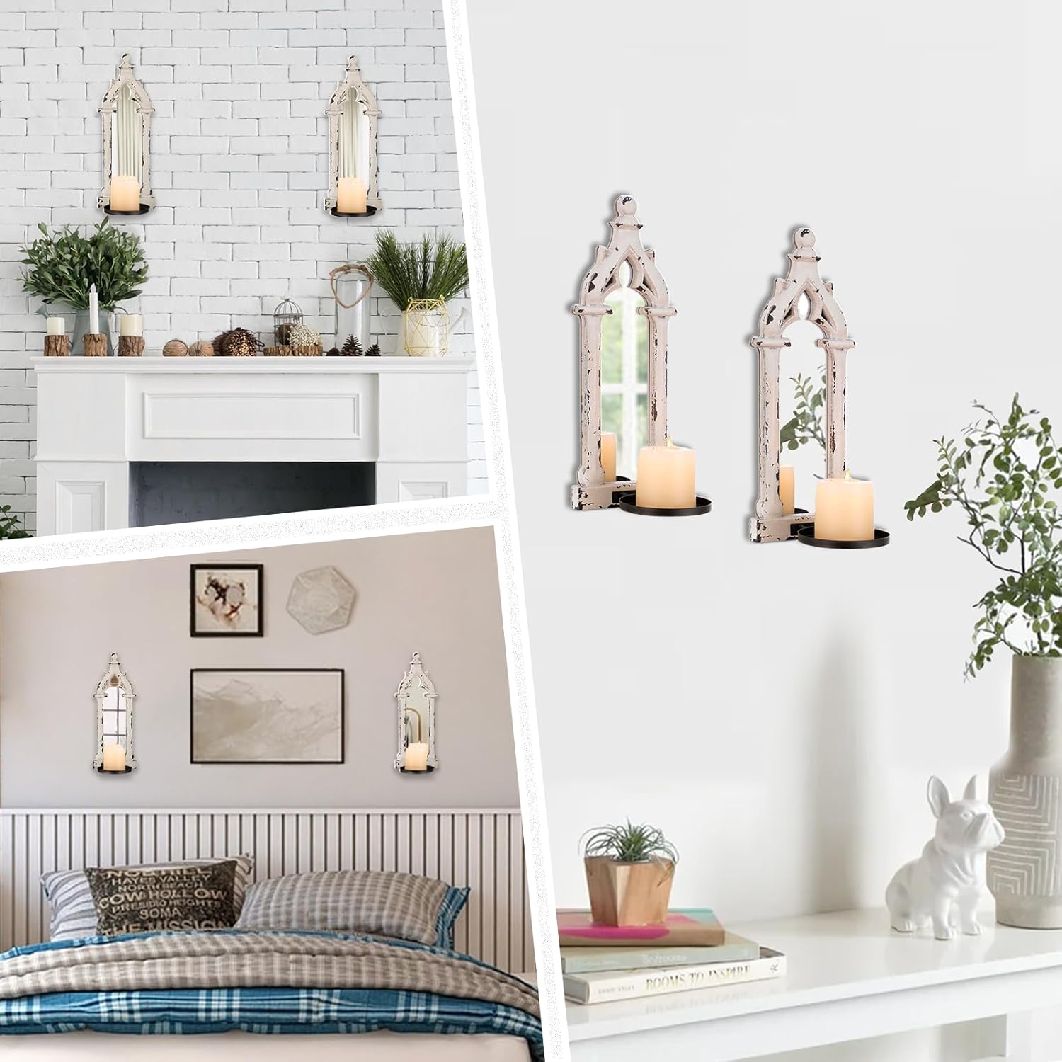 Candle Sconces Black Wall Decor - Gothic Mirror Wall Candle Holder for Halloween Art Decorations - Wood Farmhouse Candles Sconce Set of 2 for Home