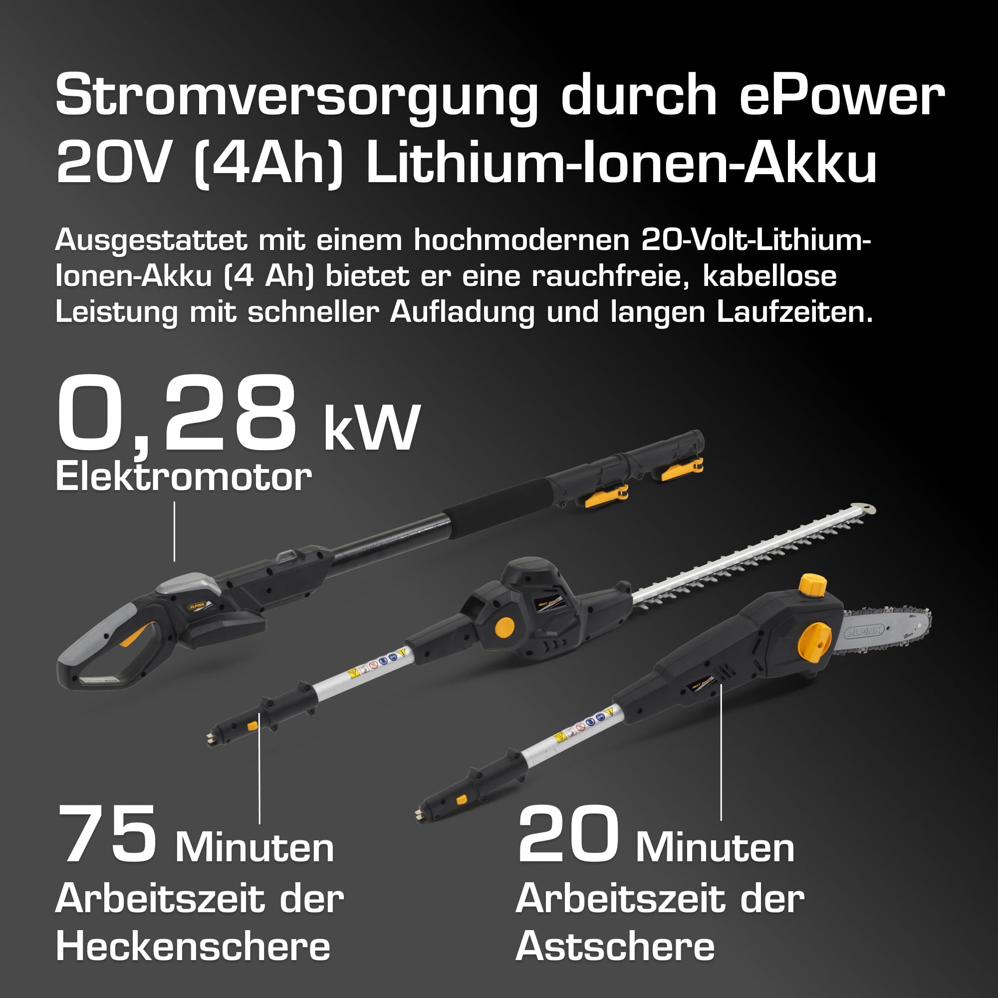 Alpina AMT 20 Li Kit Akku-Multitool, 20 V, 4 Ah – 20 cm Kettensäge, 45,5 cm Heckenschere – Für Hohe Hecken und Äste