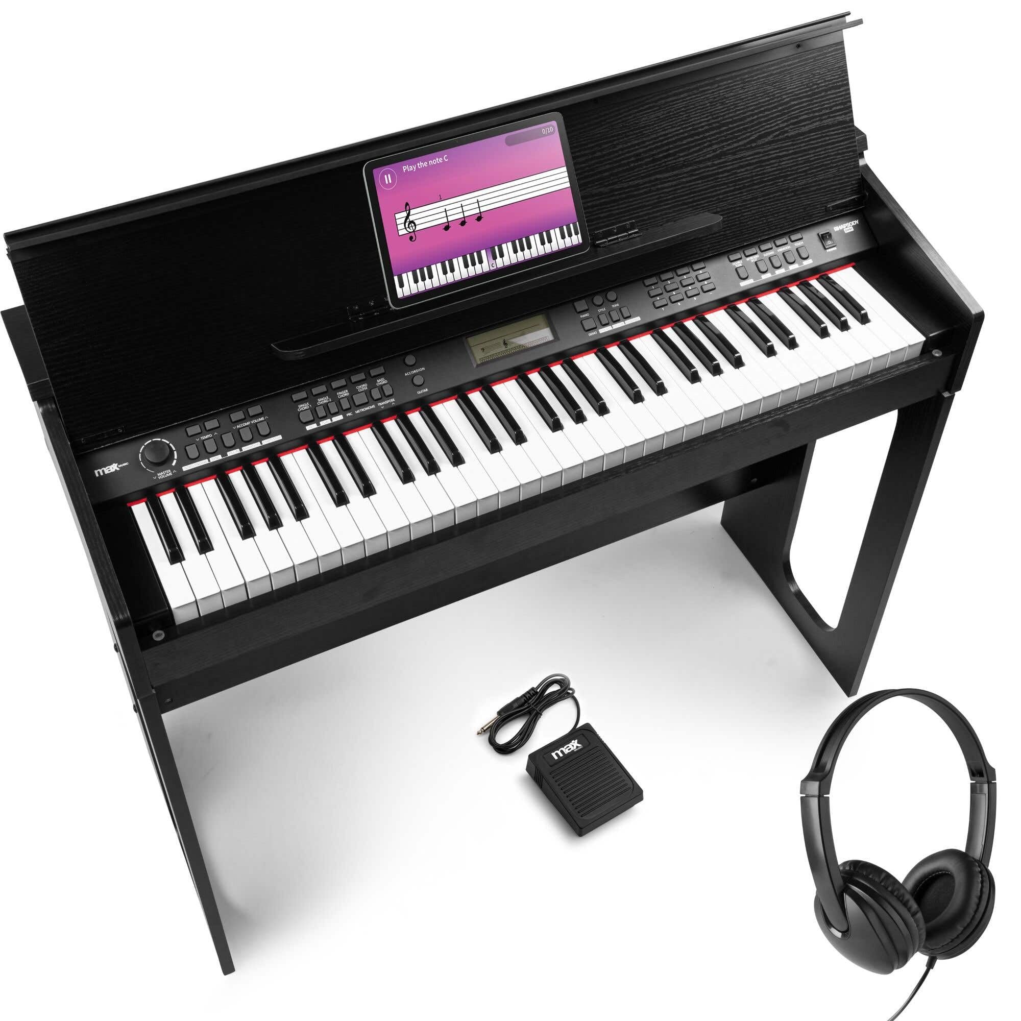 Max RhapsodyDP61 Clavier Électronique, 61 Touches, Sensibles à la Vélocité, Structure en Bois, avec Casque Audio et Pédale de Sustain, 80 musiques démo, Connexion MIDI, Idéal pour Jouer à la Maison