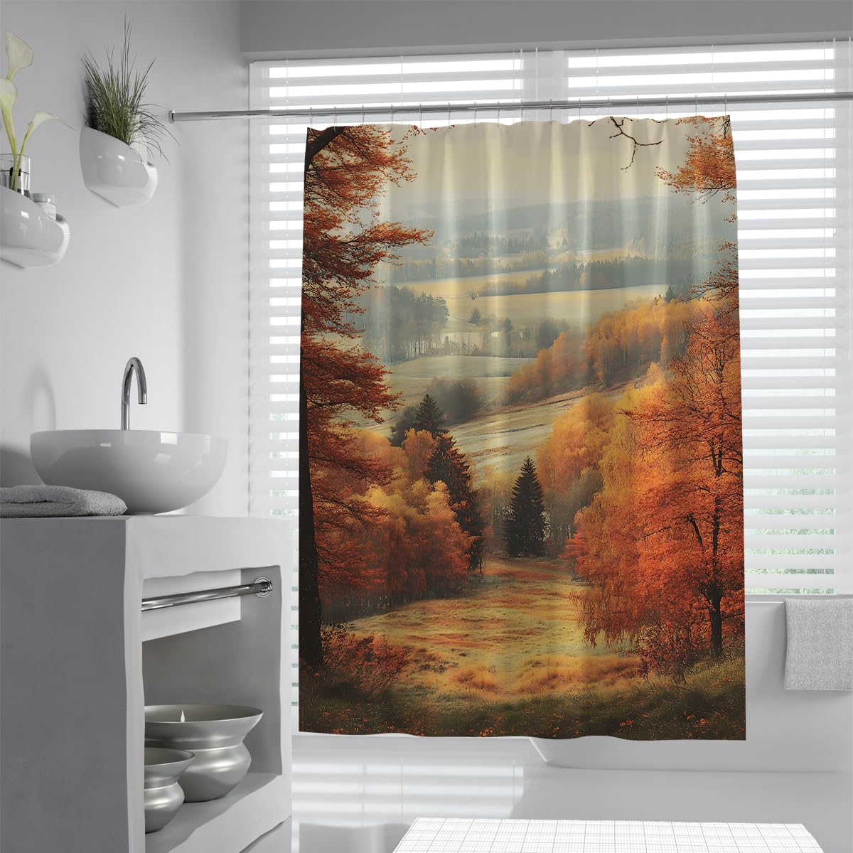 UERWOWELL Farmhouse Autumn Landscape Shower Curtain Countryside Field and Fall Trees Shower Curtain for Bathroom Decor Waterproof Bath Curtains W120xL180 cm
