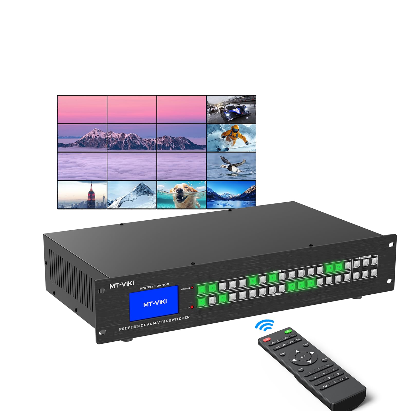MT-VIKI 16x16 4K Seamless HDMI Matrix Video Wall 4x4 w/Web GUI+Audio Out, Customised HDMI TV Wall Controller, Rack Mount Matrix Switcher Splitter Support RS232, APP, IR Remote, Web